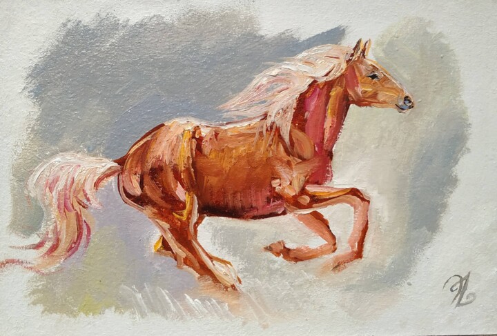 Painting titled "Horse Galloping" by Elina Vetrova, Original Artwork, Oil Mounted on Cardboard