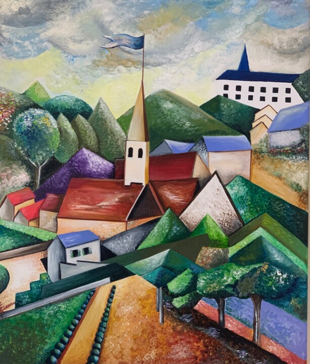 Painting titled "The village" by Elionore Bayram, Original Artwork, Acrylic