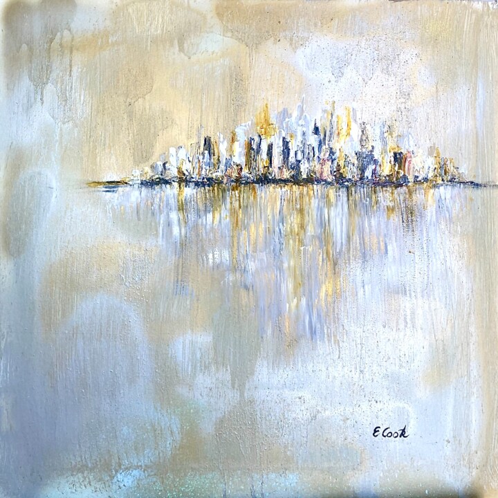 Painting titled "Opalescent Skyline" by Elisa Cook, Original Artwork, Acrylic