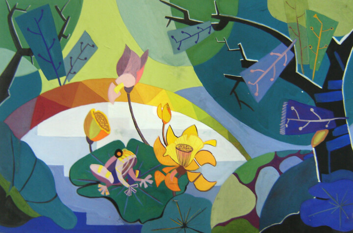 Painting titled "Baby frog in lotus…" by Elisa Quynh, Original Artwork, Acrylic