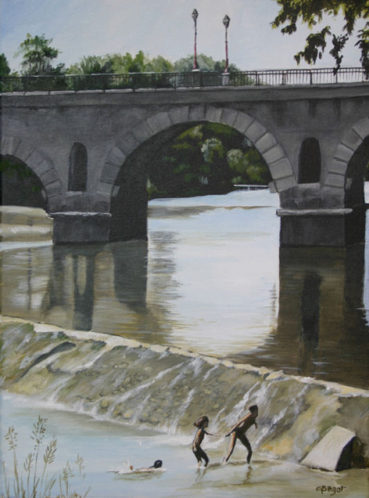 Painting titled "Le Pont Romain à So…" by Elisabeth Begot, Original Artwork, Acrylic