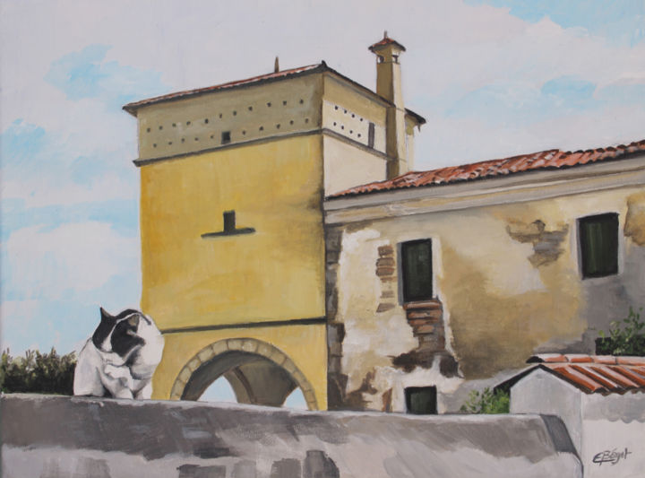 Painting titled "Gatto sul muro" by Elisabeth Begot, Original Artwork, Acrylic