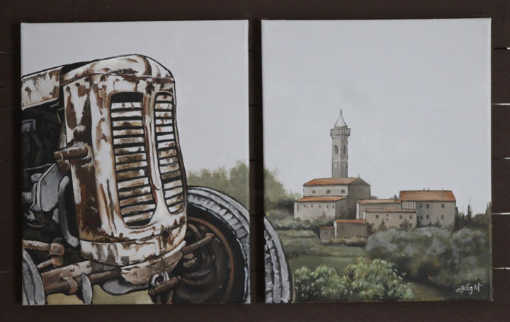 Malarstwo zatytułowany „Il trattore di Teolo” autorstwa Elisabeth Begot, Oryginalna praca, Akryl