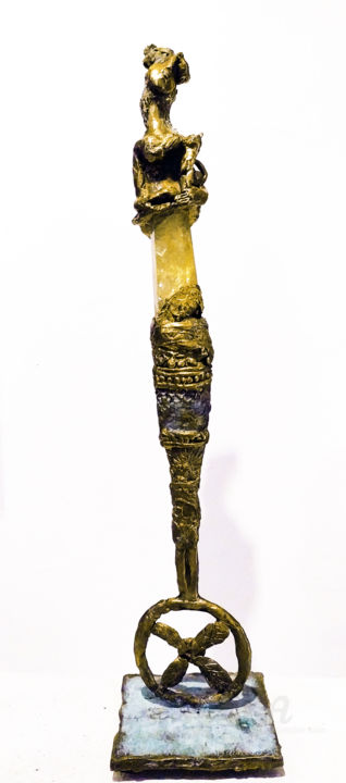 Sculpture titled "Femme au chat" by Elisabeth Brainos, Original Artwork, Bronze