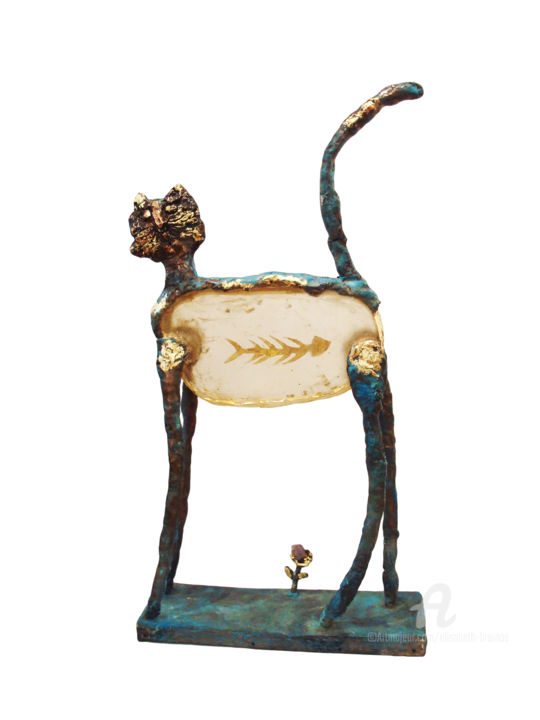 Sculpture intitulée "Chat à la fleur" par Elisabeth Brainos, Œuvre d'art originale, Bronze