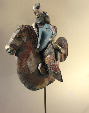 Skulptur mit dem Titel "couple a cheval pm" von Elisabeth Brainos, Original-Kunstwerk, Terra cotta