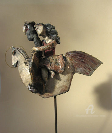 Escultura titulada "couple a cheval pm…" por Elisabeth Brainos, Obra de arte original, Terracota