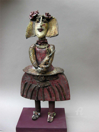 Skulptur mit dem Titel "menine au chat face" von Elisabeth Brainos, Original-Kunstwerk, Terra cotta