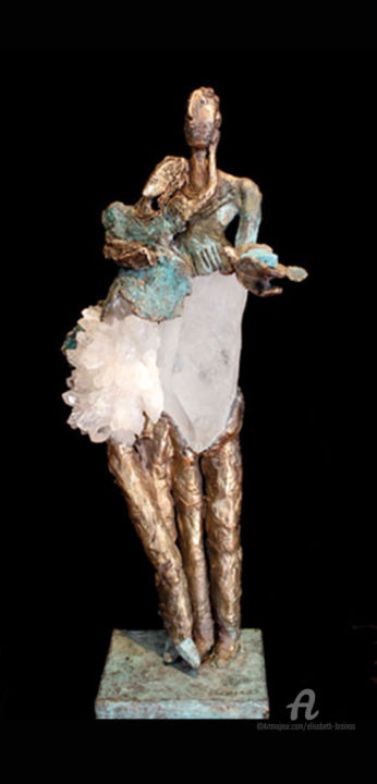 Sculpture intitulée "Couple à l'oiseau" par Elisabeth Brainos, Œuvre d'art originale, Bronze