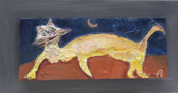 Painting titled "chat a la lune" by Elisabeth Brainos, Original Artwork