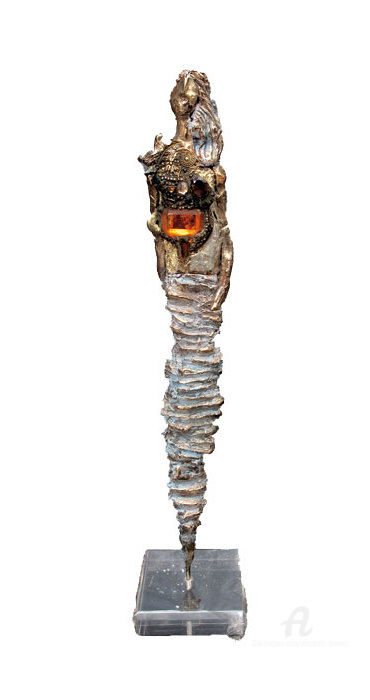 Sculpture titled "Idole à la pierre o…" by Elisabeth Brainos, Original Artwork, Metals