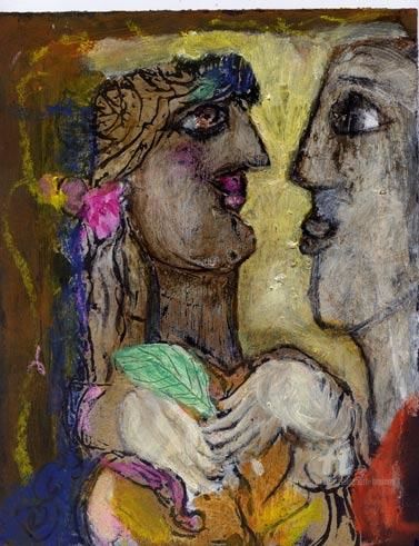 Pintura titulada "couple a la feuille" por Elisabeth Brainos, Obra de arte original, Oleo