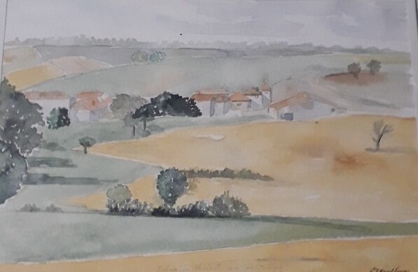 Schilderij getiteld "Paysage de Saintonge" door Elisabeth Fabre Derulliere, Origineel Kunstwerk, Aquarel