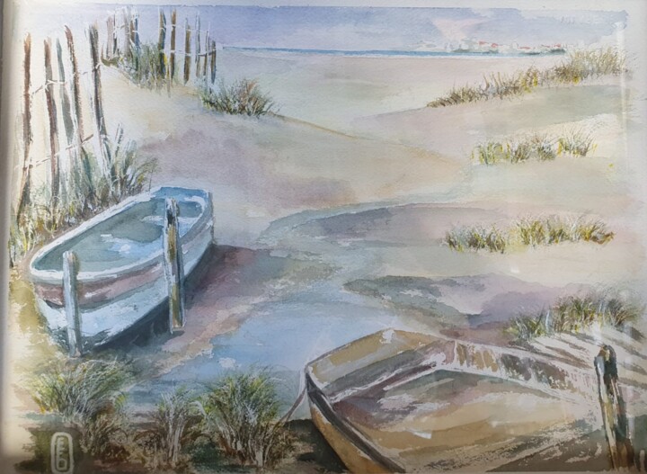 Painting titled "Barques de la Seudre" by Elisabeth Fabre Derulliere, Original Artwork, Watercolor