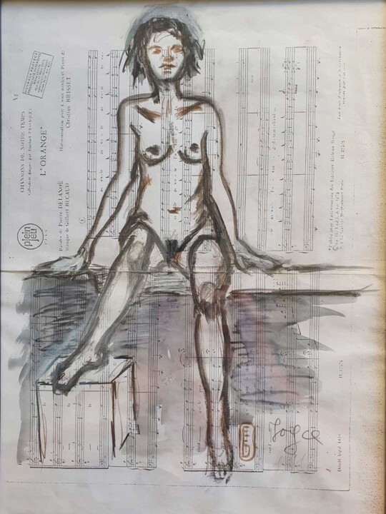 Painting titled "Joyce assise" by Elisabeth Fabre Derulliere, Original Artwork, Charcoal