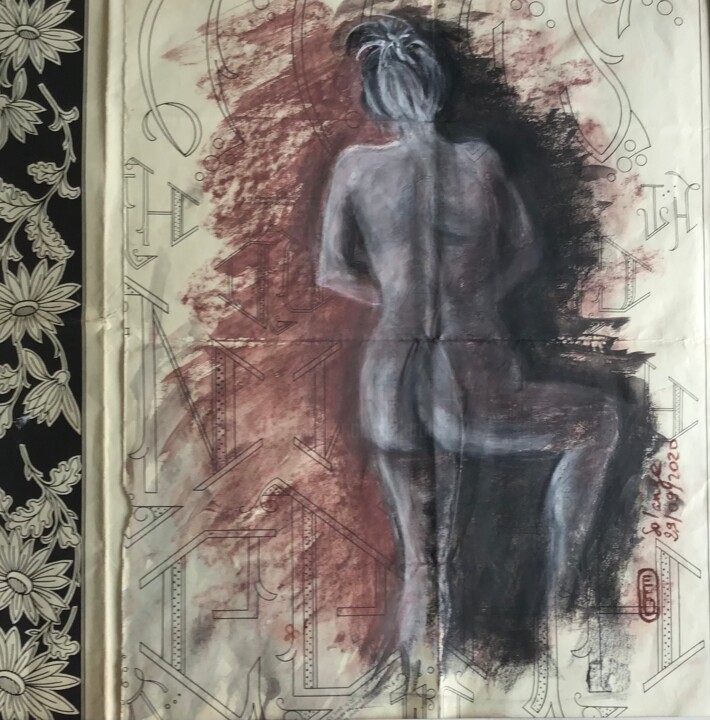 Dessin intitulée "Solange sur carton…" par Elisabeth Fabre Derulliere, Œuvre d'art originale, Fusain