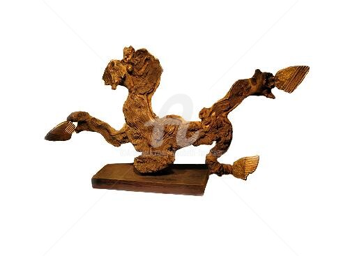 Skulptur mit dem Titel ""Le cheval fou"" von Elisabeth Faucheur, Original-Kunstwerk, Holz