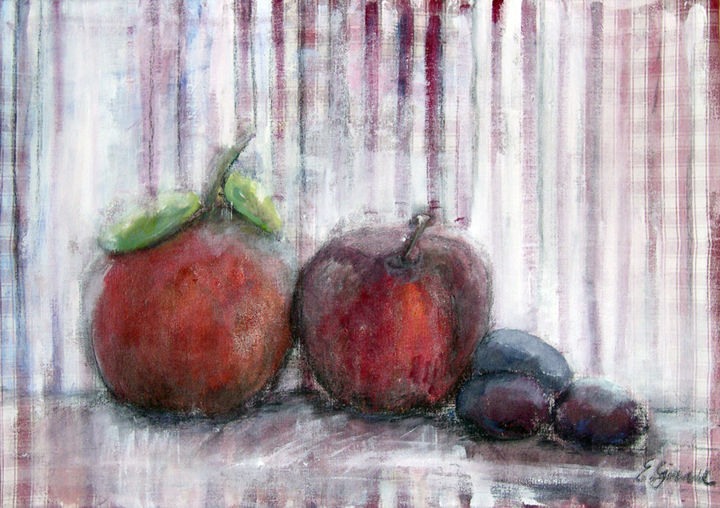 Peinture intitulée "fruits-sur-nappe.jpg" par Elisabeth Girard, Œuvre d'art originale