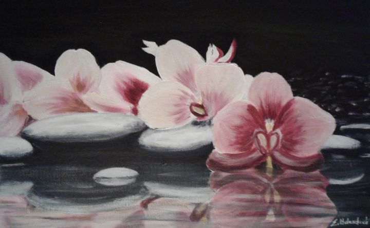 Malerei mit dem Titel "Fleurs Zen" von Elisabeth Holzschuch, Original-Kunstwerk, Acryl
