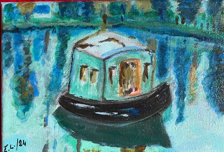 Painting titled "La péniche" by Elisabeth Loussaut, Original Artwork, Acrylic Mounted on Wood Stretcher frame