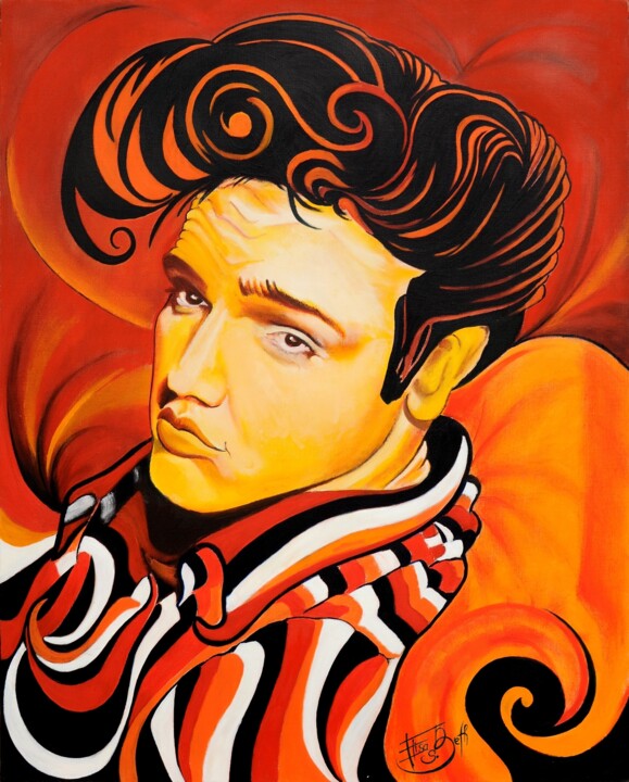 Painting titled "Les Cheveux d'Elvis" by Elisabeth Margarita Salinas, Original Artwork, Oil Mounted on Wood Stretcher frame