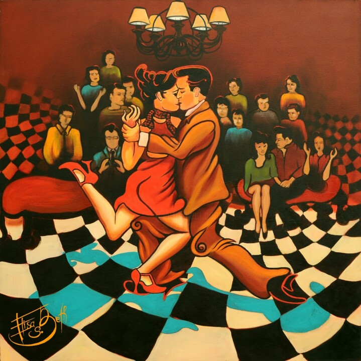 Painting titled "Tango en la Milonga" by Elisabeth Margarita Salinas, Original Artwork, Oil Mounted on Wood Stretcher frame