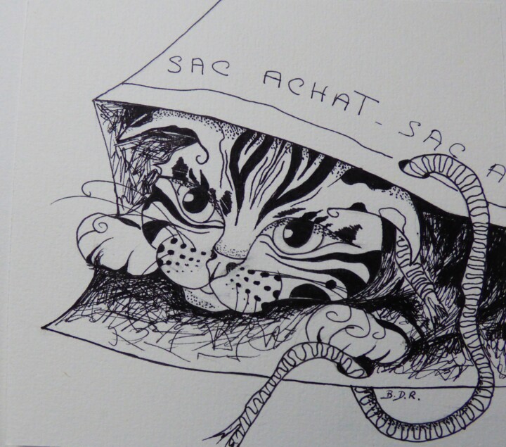 Drawing titled "sac achat" by Elisabeth Renard, Original Artwork, Ink