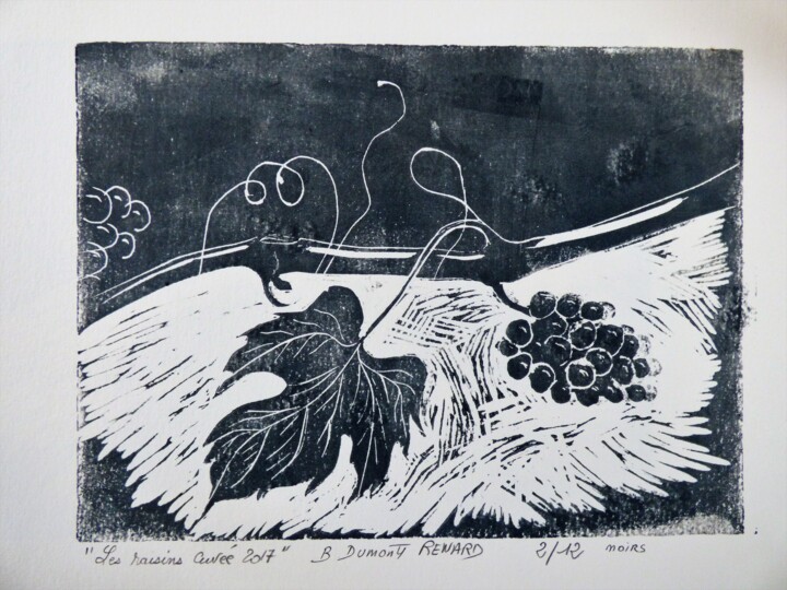 Gravures & estampes intitulée "Les raisins" par Elisabeth Renard, Œuvre d'art originale, Linogravures
