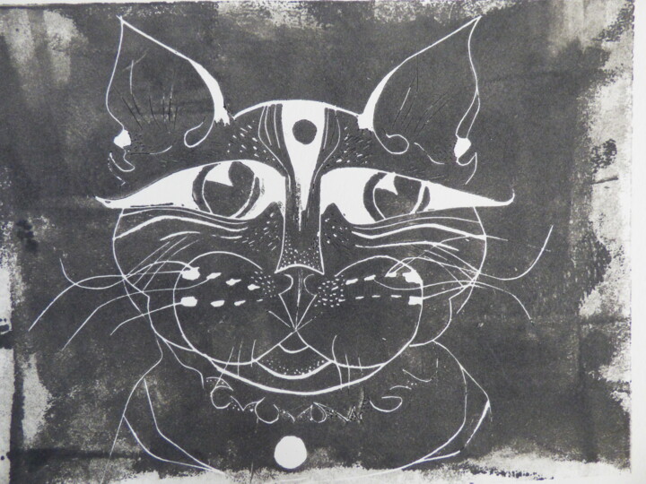 "Le chat bandit" başlıklı Baskıresim Elisabeth Renard tarafından, Orijinal sanat, Linocut