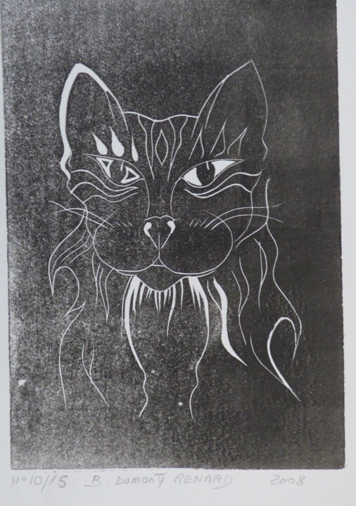Incisioni, stampe intitolato "Le chat sage" da Elisabeth Renard, Opera d'arte originale, Incisioni su linoleum