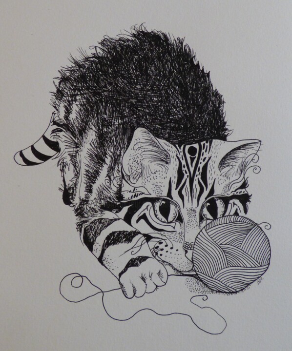Dessin intitulée "Boule poils noirs e…" par Elisabeth Renard, Œuvre d'art originale, Encre