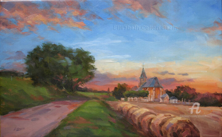 Peinture intitulée "campagne au coucher…" par Elisabeth Bazin, Œuvre d'art originale, Acrylique