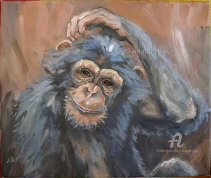 Peinture intitulée "Jeune chimpanzé" par Elisabeth Bazin, Œuvre d'art originale, Acrylique