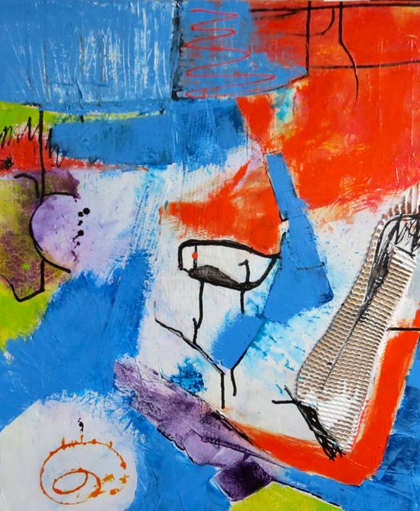Картина под названием "l'oiseau sur le banc" - Elisabeth Pierret, Подлинное произведение искусства, Акрил Установлен на Дере…