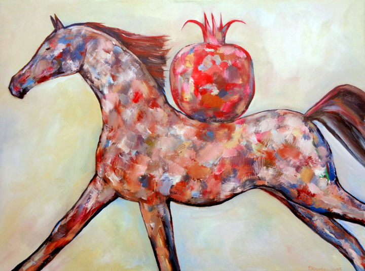 Schilderij getiteld "Brown Horse Running" door Elisaveta Sivas, Origineel Kunstwerk, Olie