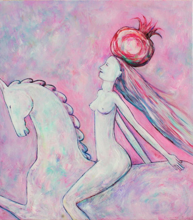 Painting titled "FEMALE ON HORSE WIT…" by Elisaveta Sivas, Original Artwork, Oil Mounted on Wood Stretcher frame