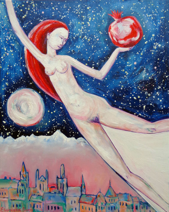 Painting titled "GIRL FLYING WITH MA…" by Elisaveta Sivas, Original Artwork, Oil Mounted on Wood Stretcher frame