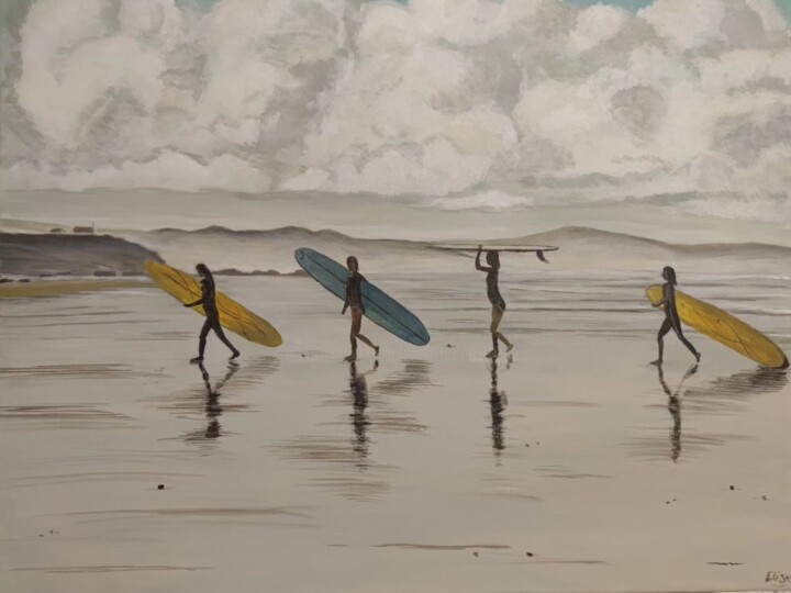 Painting titled "Quatre surfeuses" by Elise Broca, Original Artwork, Acrylic Mounted on Wood Stretcher frame