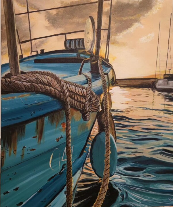 Картина под названием "Bateau au port" - Elise Broca, Подлинное произведение искусства, Акрил Установлен на Деревянная рама…