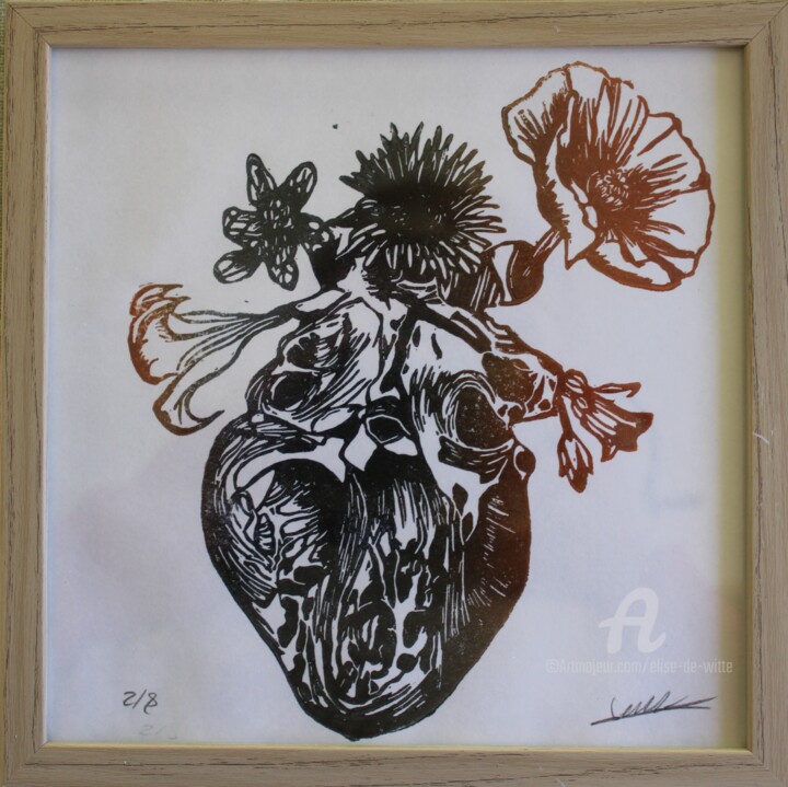 Incisioni, stampe intitolato "Coeur fleuri couleu…" da Elise De Witte, Opera d'arte originale, Incisioni su linoleum