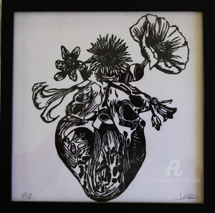Gravures & estampes intitulée "coeur fleuri" par Elise De Witte, Œuvre d'art originale, Linogravures