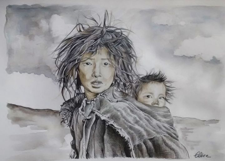 Dessin intitulée "Portrait d'enfants…" par Elise Cottenot, Œuvre d'art originale, Crayon