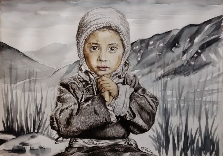 Drawing titled "Enfant du Tibet" by Elise Cottenot, Original Artwork, Pencil