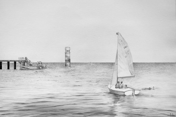 Dessin intitulée "La plage des Dames" par Elisetot, Œuvre d'art originale, Graphite