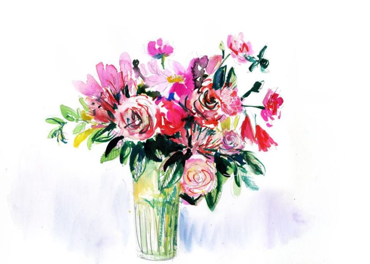 Картина под названием "Bouquet de roses" - Elise Demozay, Подлинное произведение искусства, Чернила