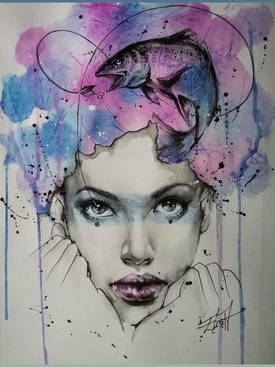 Schilderij getiteld "Noyer le poisson" door Élise Poinsenot, Origineel Kunstwerk, Aquarel