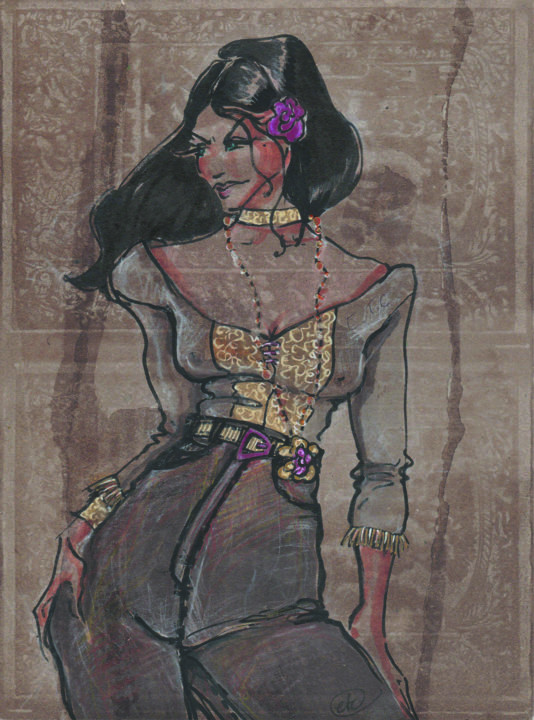 Zeichnungen mit dem Titel "La Gitane VIII" von Elisabeth Tiffon (Eli TIFFON CUENCA), Original-Kunstwerk, Tinte