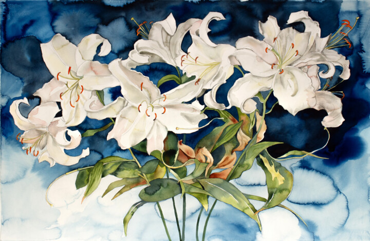 Painting titled "Lily Bouquet" by Elizabeth Becker, Original Artwork, Watercolor