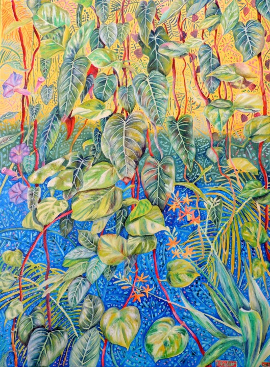 Painting titled "Jungle  Tetrachroma…" by Elizabeth Sadler, Original Artwork, Oil Mounted on Wood Stretcher frame