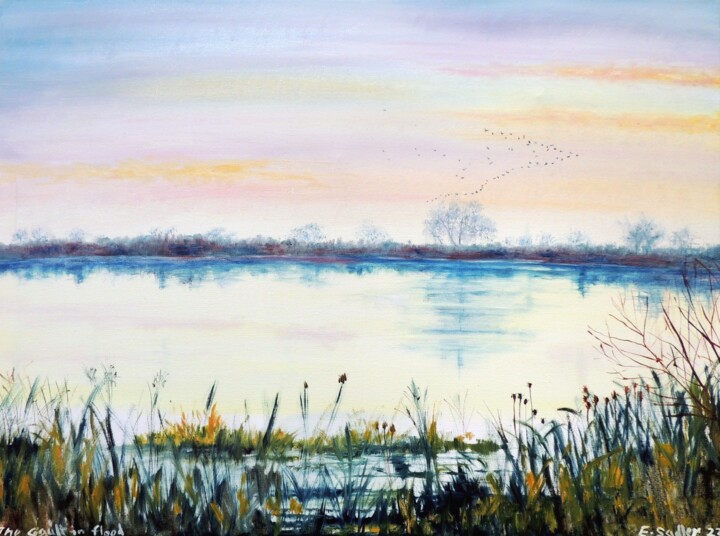 Painting titled "Flying to Roost" by Elizabeth Sadler, Original Artwork, Oil Mounted on Wood Stretcher frame